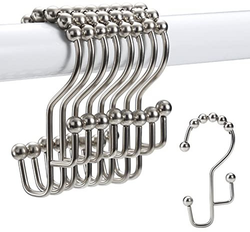 SUTINE Duschvorhangringe, doppelte Duschvorhanghaken, rostbeständige Edelstahl-Duschvorhangringe, leicht gleitende Metall-Duschhaken für Duschvorhänge und -Einlagen, 12 Stück, Mattes Nickel