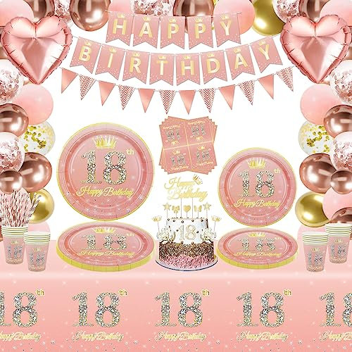Inspireyee 179 PCS Rose Gold 18. Geburtstag Party Dekorationen für Mädchen Rose Gold Happy 18th Birthday Geschirr-Set-Teller, Servietten, Banner für rosa 18. Geburtstag Party Gunst für 20 Gäste
