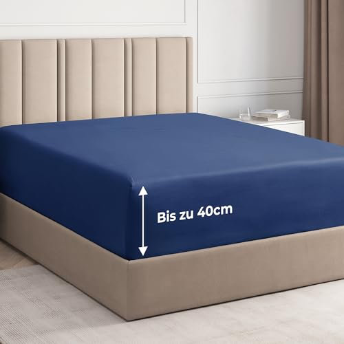 Spannbettlaken 180x200 cm - 40 cm Steghöhe - Aus gebürsteter Polyester-Mikrofaser - Spannbetttuch geeignet für Boxspringbetten - Passt Matratzen bis zu 40 cm (16) Oeko-TEX Zertifiziert, Marineblau