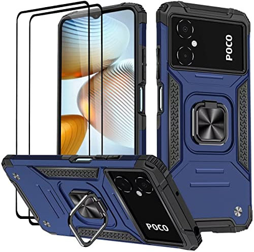 KANSi Coque pour Xiaomi Poco M5 / Poco M4 5G, Verre Trempé [2 Pièces] + Housse TPU Silicone Rotation 360° Aimant Anneau Support Double Défense Protection Etui - Bleu