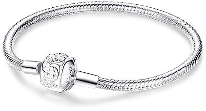 Symretie Pulsera de Plata de Ley 925 para Mujer, Pulsera de Eslabones Serpiente de la Colección Pandora Moments, Compatible con Dijes, Adecuada para Mujeres y Niñas.（la rosa blanca 18CM）