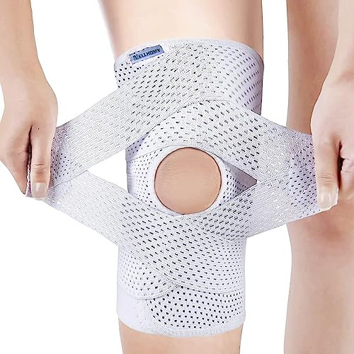 Professionelle Kniestütze,Kniebandage mit Offen Patella Pads & Feder Seitenstabilisatoren,Verstellbare Kniebandage mit v-förmiges Band für ACL Arthritis Verletzungen Wiederherstellung(Weiß,S)