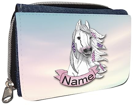 Maus-Design Geldbörse mit Name, Jeans oder Schwarz, Pferd | Schriftart für Namen wählbar, Personalisiert, Für Kinder oder Teenager