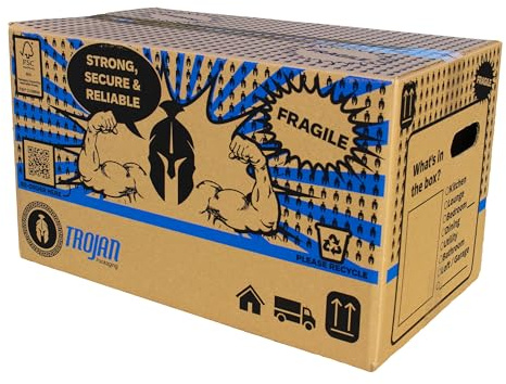 Trojan 20 Pack Large Double Wall House Moving Boxes 51 x 29 x 29cm Free Roll of Fragile Tape, 43L Storage Convenient Hand Holes Room List for Home Removals Durable Packing Storage Boxes, Recyclable