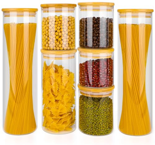 Otauoaea Vorratsgläser mit Deckel, 7er Set Vorratsdosen Glas mit Deckel Luftdicht, Vorratsglas mit Holzdeckel für Kaffeebohnen, Körner, Nüsse, Mehl, Nudel, Pasta, Spaghetti Aufbewahrung