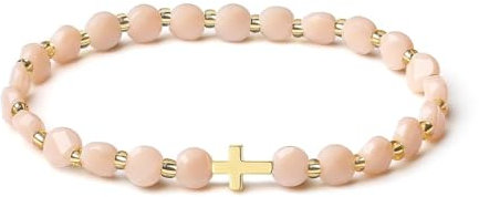 MetJakt Handgefertigtes Original Armband für Damen 6MM Kristall Stretch Halbedelsteine Facettiert Stretcharmband Kreuz Design 18k Vergoldet Damenschmuck (Beige)