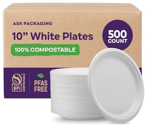 Paper Plates 10 Inch [500 Count] – 100% Compostable Bagasse Plates | Heavy Duty White Sugarcane Plate, Eco-Friendly, Biodegradable, Plastic-Free Disposable Plate for Parties, Catering & Events
