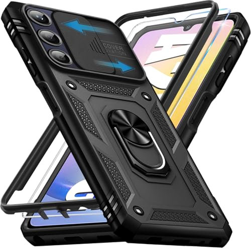 Giyer für Samsung Galaxy A25 5G Hülle mit Schutzfolie, Handyhülle A25 5G Tache mit Kameraschutz 360° Metall Ring Ständer Stoßfest Bumper Outdoor Schutzhülle Samsung A25 Case Cover (Schwarz)