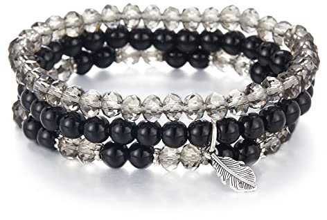 FULU AUTUMN Perlenarmband Stretch Damen Armband Mehrschichtiges Boho Modeschmuck für Mama Oma und Frau Geburtstagsgeschenk(Clear black)