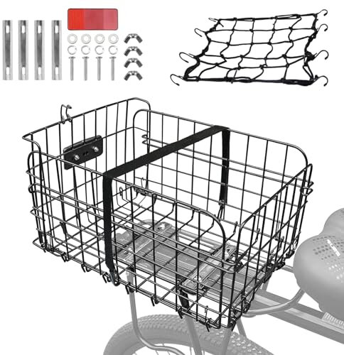 RainFlowwer Rack Mount Metal Black Large Rear Bike Basket with Elastic Cargo Net, 20kg Load Capacity