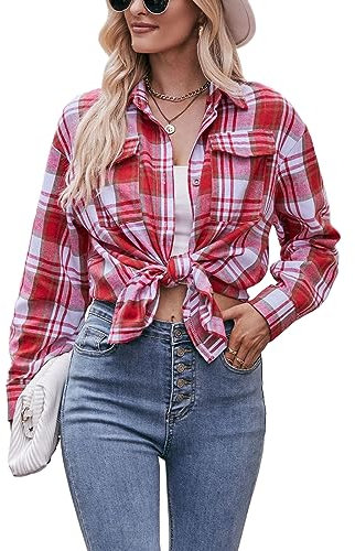 YILEEGOO Women's Casual Flannel Plaid Shirts Blouse Oversized Button Down Lapel Collar Color Block Long Sleeve Shirts Blouse Tops (Red, M)