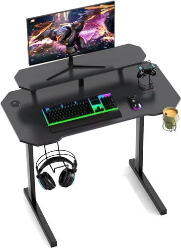 nwixbqoqn Bureau Gaming, Bureau Gamer avec Support d'Écran, 100x55x75cm Table Gaming en Fibre de Carbone avec Crochet pour écouteurs et Porte Gobelet, PC Gamer Table Ergonomique, Noir