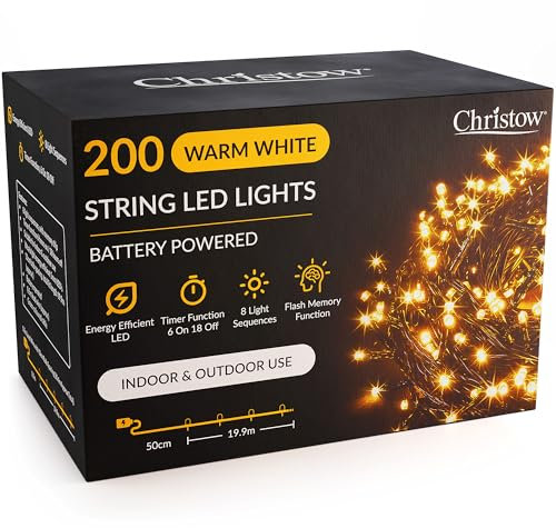 CHRISTOW Christmas Fairy Lights Battery Operated, Warm White LED String Lighting with Timer, Indoor & Outdoor, 8 Light Modes Flashing & Static, Green Cable (200 LED / 20m Lit Length)