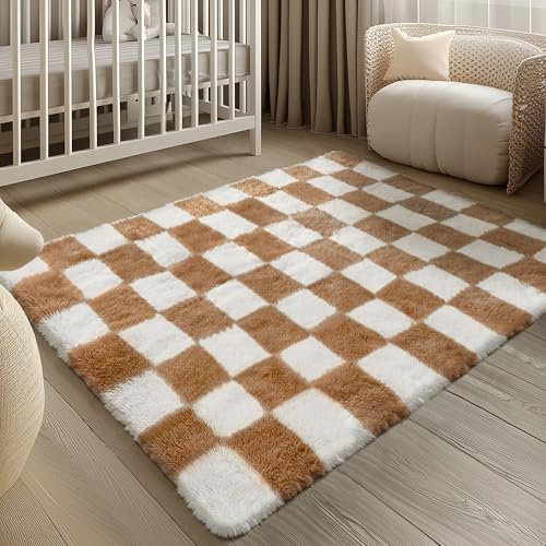 HUGEAR Teppich Kariert Hochflor Teppich Wohnzimmer 120X180cm Bräun Schlafzimmer Rutschfester Kinderteppich Flauschig Weicher und GemüTlicher Carpet Living Room Kinder Mädchen