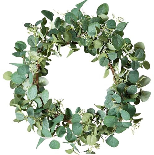 Künstliche Eukalyptus, Künstliche Eukalyptus Kränze Für Die Haustür Sommerkranz 50 cm Große Grüne Blattkränze Mit Beeren Für Hochzeit Tür p-Arty Fenster Wand d-ekor