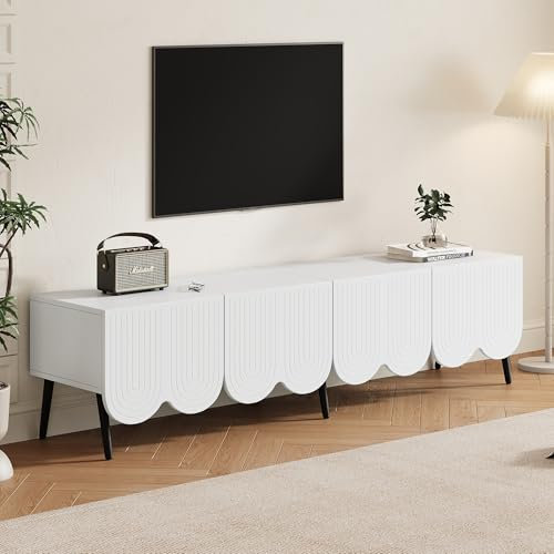 Merax TV-Schrank in Weiß, TV Board Lowboard mit Vier Türen, Einzigartige Form, Großer Stauraum, Eleganter TV-ständer für Fernseher bis zu 80 Zoll, für Wohnzimmer, Esszimmer, Schlafzimmer, 180cm