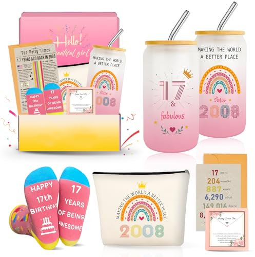 17th Birthday Gifts for Girls, Trendy 17 Year Old Girl Gift Ideas for Her Granddaughter Daughter Niece Teens, Happy 2008 Birthdays Decorations Presents Basket Glass Cup Sock Makeup Bag Necklace