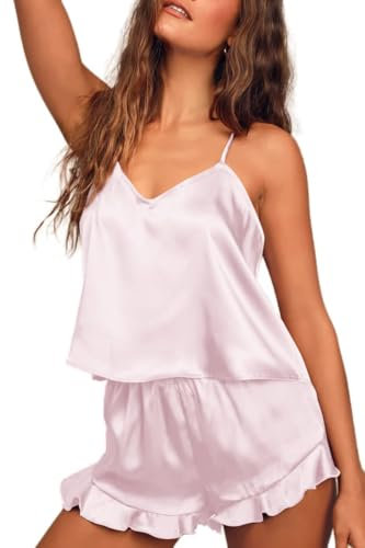 Ekouaer Pyjama Femme Ete Short à Manches Courtes Légère Ensemble Pyjama en Satin de Soie pour Femme,Rose Clair,XL
