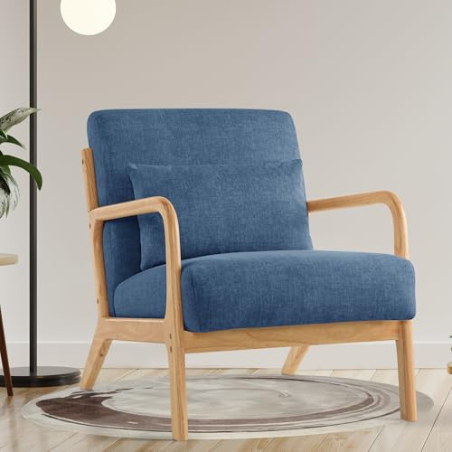 Aunekiv Lounge-Sessel, Akzentstuhl mit Kissen, Polstersessel mit Holzrahmen & Armlehnen, Moderner Lesesessel für Wohnzimmer, Schlafzimmer, Leseecke & Büro (81.5 x 63.5 x 74.5 cm, Blau)