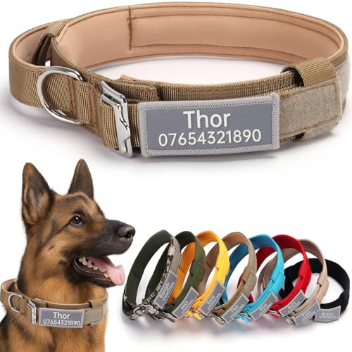 SEOUGEE Tactical Dog Collar Personalised with Handle, Soft Padded Dog Collars with Custom Reflective Name Patch, Adjustable Collars with Portable Buckle for Medium Large Dogs Training (Brown, XL)