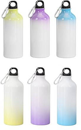 Lot de 6 bouteilles d'eau vierges en aluminium coloré de 600 ml avec mousqueton blanc par sublimation thermique pour vélo voyage
