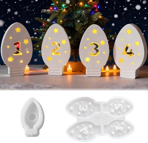 Silikonform Teelichthalter, FORMVERSITY Silikonform Adventszahlen 1-4, Gipsformen zum Gießen Weihnachten, Adventszahlen 1-4 Gießform, silikonform Haus Teelicht für Kerzen Advent Handwerk