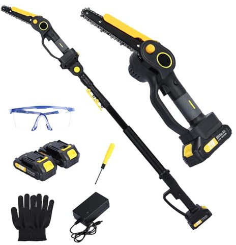 Tronconneuse a Batterie 2 en 1, Mini Tronconneuse a Batterie avec 2 Batteries de 2,0 Ah, Scie à Perche sans Fil de 4,9 à 7,5 Pieds pour l'Élagage des Arbres (Noir)
