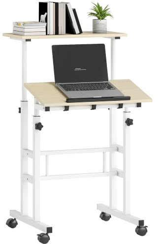 HOMCOM Bureau Assis Debout Réglable 60 x 60 cm Table à roulettes Naturel | Table Ordinateur, Plateau Inclinable, Poste de Travail pour Chambre, Petits Espaces