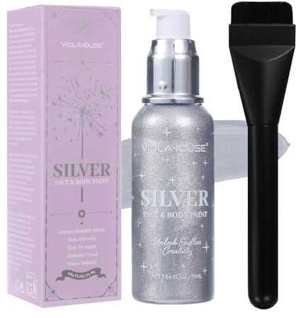 VIOLA HOUSE Pintura para rostro y cuerpo, pintura dorada y plateada, brillo metálico intenso, larga duración y alta pigmentación, soluble en agua, Halloween, sfx maquillaje 75ml (Plata)