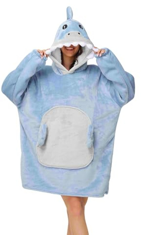 LATH.PIN Wearable Blanket Hoodie with Shark Hood, Warm Fleece Sherpa Oversized Sweatshirt Blanket for Adults