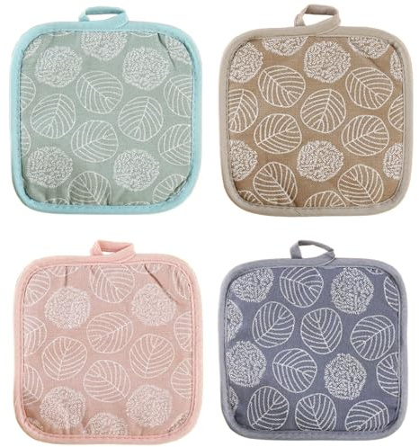 Pot Holders Heat Resistant, Oven Cloths Heat Resistant Set of 4, Kitchen Gloves for Hot Food, 6.69 x 6.69 Inches, Leaf Design in Green, Khaki, Pink, Blue