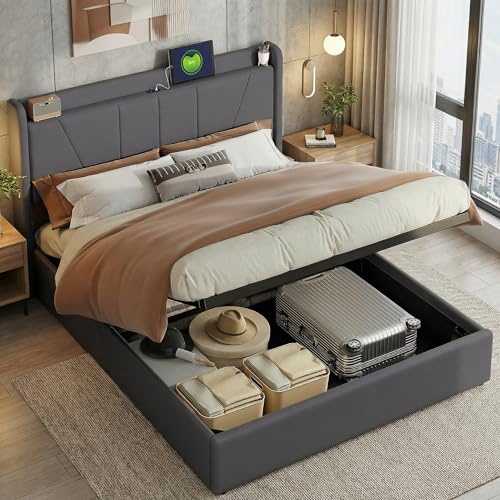 Bett mit Stauraum, 160 x 200, Doppelbett mit gepolstertem Kopfteil und Aufbewahrung, Doppelbett mit Lattenrost für Erwachsene Jugendliche, hydraulisch gepolsterter Bettrahmen, ohne Matratze, Leinen
