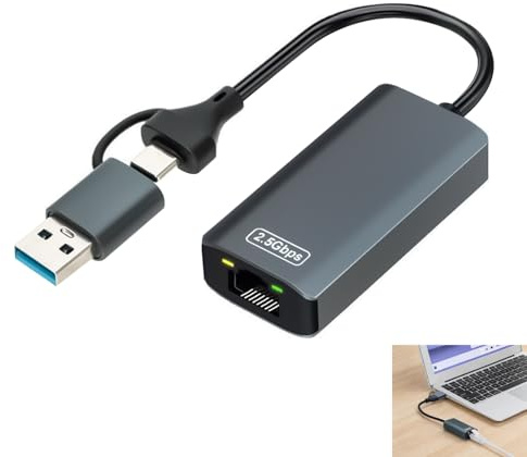 Adaptador USB C a Ethernet, Adaptador Ethernet 2.5G, 2 en 1 con puertos USB-A y USB-C, Compatible con Windows Mac iOS Android Consolas, Alta Velocidad 2500Mbps, para PC Portátil Dispositivos de Red