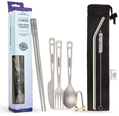 finessCity Ménagère Utilitaire en Titane Ultra résistant Ultra léger, 3/4/5 pièces de Paille Baguettes Couteau, Fourchette, cuillère, pour Usage Domestique, Voyage, Camping, etc., Argenté (5-Piece)