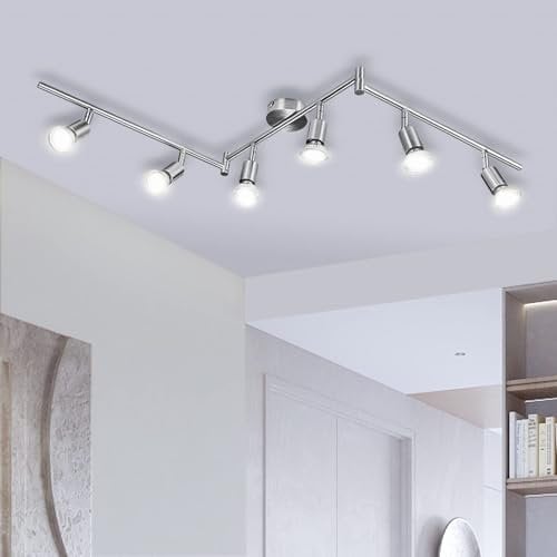 Bojim Lampara de Techo LED con 6 Focos, Aplique Comedor Interior Orientable Light, incl. 6X6W GU10 Blanco Natural Luces Lámpara, Luz Barra Pared Plafon Ceiling para Baño Pasillo Cocina, Níquel Mate