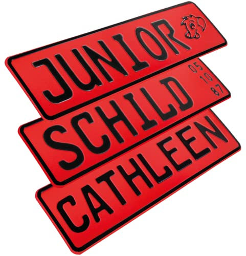 1 Stück Kennzeichen Junior-Schild 34cm x 9cm Bohrung Farbwahl Wunschtext Wunschprägung Muster Datum Namenskennzeichen Bohrung / Saugnäpfen Namensschild Bobbycar Kettcar FUN Schild in Rot