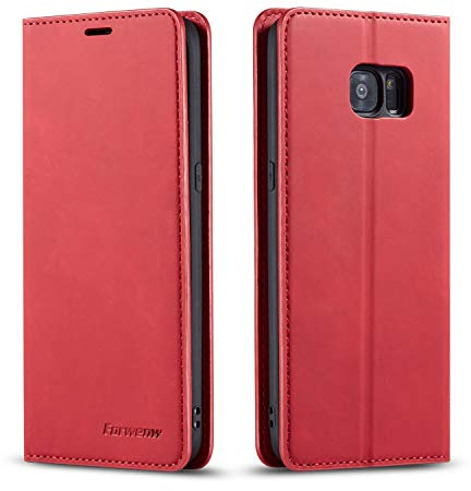 EYZUTAK Hülle für Samsung Galaxy S7 Edge, Magnetverschluss Premium PU Leder Flip Case mit Kartenfächern Brieftasche Standfuntion stoßfeste Silikonhülle Retro Ledertasche - Rot