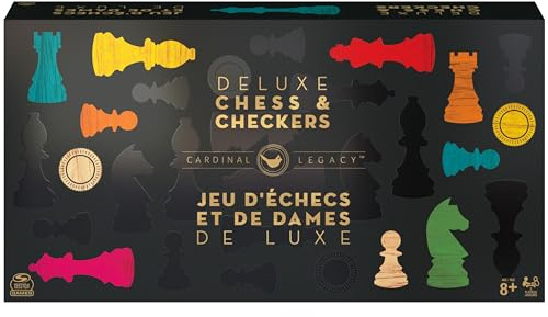 Legacy Deluxe Schach & Checkers Set, klassisches Zweispieler-Spiel inklusive Klappbrett mit Massivholzspielsteinen, für Kinder und Erwachsene ab 8 Jahren