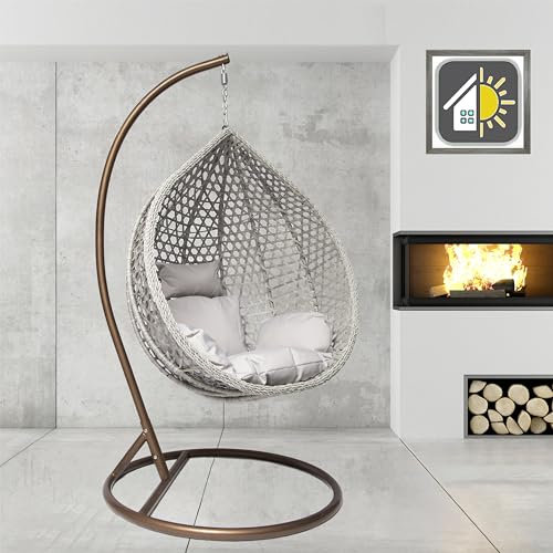 GOODS EMPORIUM Luxury Rattan Hanging Egg Chair Outdoor & Indoor Garden Swing Chair Hammock with Cushions - FREE COVER INCLUDED (Medium, Brown - Grey - Grey)