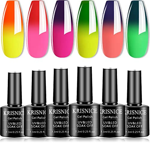 KRISNICE Color Changing Gel Nail Polish Kit - 6 Colors Yellow Red Purple Green Pink Spring Limited Edition Mood Temperature Change Gel Nail Polish Set (KWB6-006)