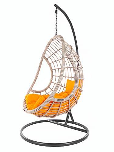 Kideo® Komplettset: Hängesessel mit Gestell & Kissen, Poly-Rattan, grau-beige (Kissen: orange Chesterstepp (3030 Tangerine))