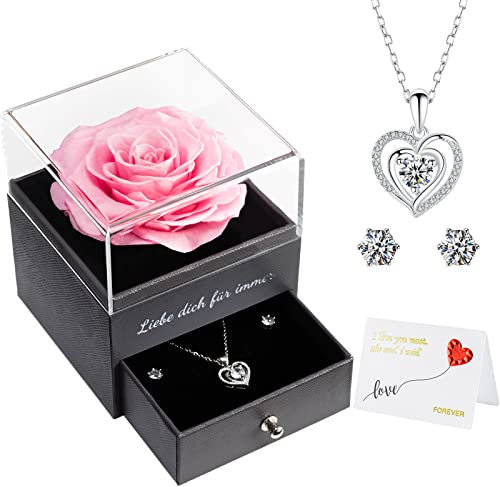 Miofula Ewige Rose mit Halskette und Ohrringe, Konservierte Echte Rose Geschenk für Frauen Mama Freundin Ehefrau zum Valentinstag, Muttertag, Jahrestag, Geburtstag, Infinity Rosen Geschenkbox (Rosa)
