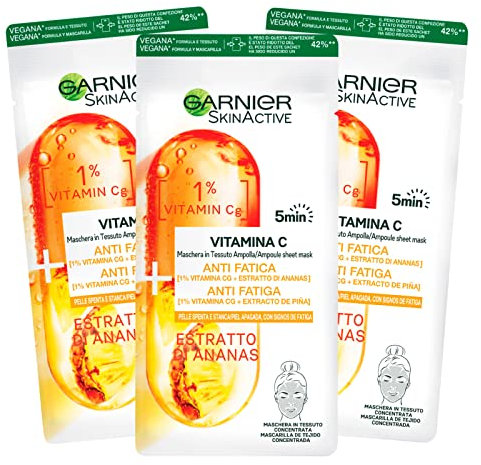 3 x Garnier SkinActive Vitamin C Maske aus Stoff, konzentrierte Ampulle, Anti-Müdigkeit und Antioxidantien mit Ananas-Extrakt - 3 Einwegmasken