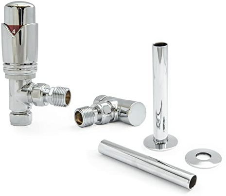 Hot Flow Chrome Marella Modern Thermostatic Radiator Valve Angled TRV. Includes Angled TRV Body, Wheel Head, Lock Shield & Pipe Sleeve for Quick & Easy Temperature Control.