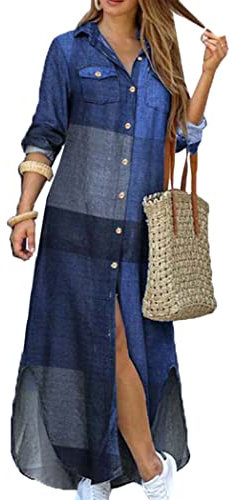 OMZIN Vestito a Camicia da Donna in Cotone e Lino con Maniche a 3/4 Abiti Larghi Larghi Blu M