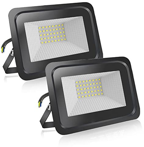 EXTRASTAR Focos Luces LED Exterior 30W IP65, Luz Fría 6500K, 2400lm, para Puertas, Terraza, Jardín, Patio, Parque, Garaje, 2 pcs, Negro