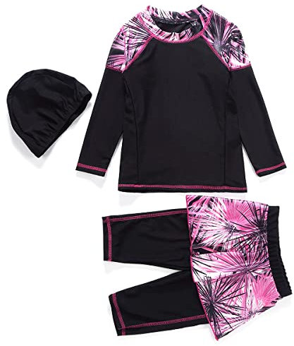 Mädchen Bescheidene Muslimische Bademode UPF 50+ UV Islamischer Hijab Badeanzug Langarm Top Shirt mit kurzer Hose Badekappe 3tlg Schwimmanzug Strandkleidung Rosa 6-7 Jahre