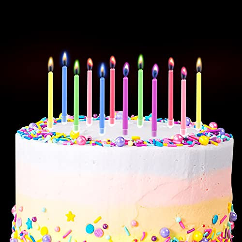 12 Stück Bunte Flammen Geburtstag Kerzen, Mehrfarbigen Kuchen Kerzen Regenbogen Geburtstagskerzen Cupcake Kerzen mit Haltern für Party Hochzeit Geburtstagstorte Dekoration Lieferungen