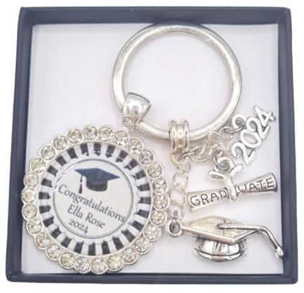 Graduation 2025 2026 University Graduate Gift Girls Ladies Women Her Diamante Personalised Keyring Mortar Board Scroll Passed Exams Gift Box Keepsake Present Gift Class of 24 25 26