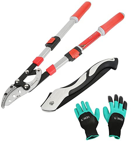 LINZI Troncarami da Giardino Set 3 Pezzi Teleskop Ratschen Amboss-Astschere Aluminiumgriff Robuste 695–1025 mm +klappbare Astsäge Bügelsäge 250 mm + Gartenhandschuhe, Manuelle Gartenschere Schere Kit